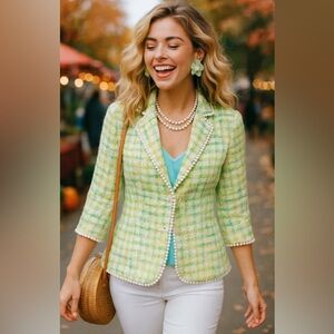 Vintage Lilly Pulitzer Lime Green and Yellow Audrey Tweed Blazer Size 2 RARE